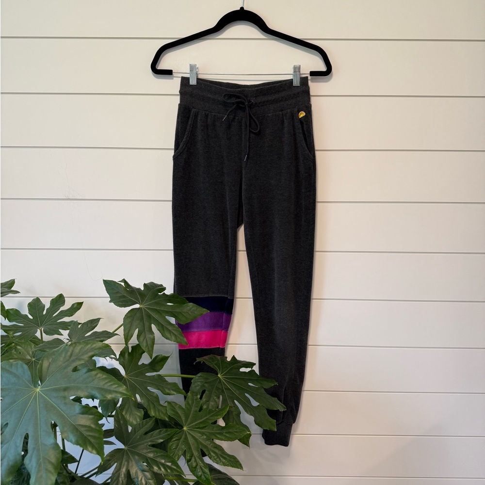 C&C California Gray with Pink and Purple rainbow stripes velour pants Size XS